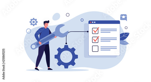 IT specialist holding a giant wrench near a gear and a digital checklist representing website maintenance and software updates.
