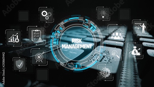 Fotografie Risk Management Concept with Digital Icons and Keyboard Background in a Modern B