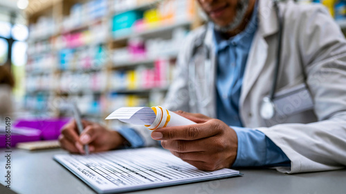 Pharmacist filling a prescription at the counter with organized medicine shelves in the background, professional healthcare service , with copy space