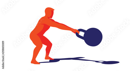 Figure in orange and blue lifts a kettlebell