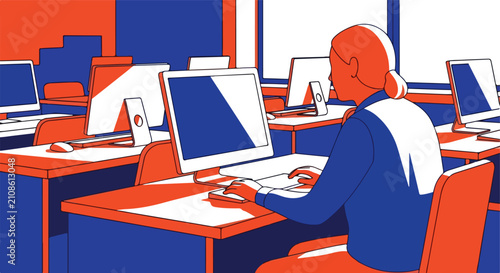 Stylized room with rows of computers and a person