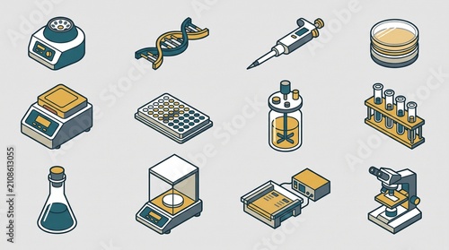 Isometric laboratory equipment icon set, a collection of 12 detailed science lab tools and research instruments, perfect for scientific illustration and medical technology graphics.
