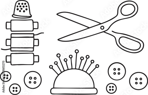 Bild auf Leinwand Set of sewing tools with scissors thimble spools of thread and buttons icon set