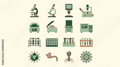 Scientific laboratory equipment and microbiology icons, a comprehensive vector set for medical research and biology, featuring microscopes, centrifuges, test tubes, and viruses.
