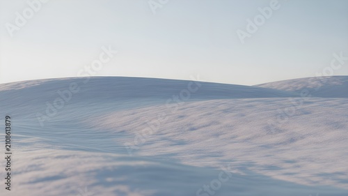 Vast, serene landscape of rolling snow dunes under a clear, pale sky, capturing the soft textures and gentle curves of a winter environment