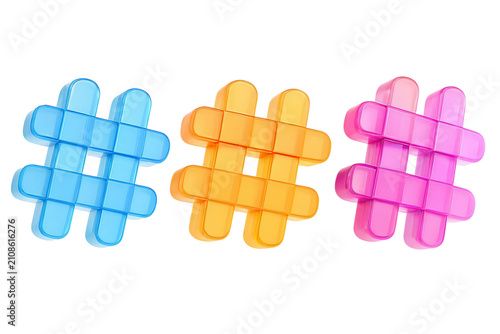 Glossy 3D colorful hashtag icons in blue, orange, and pink on white background for social media, digital communication, and online content design