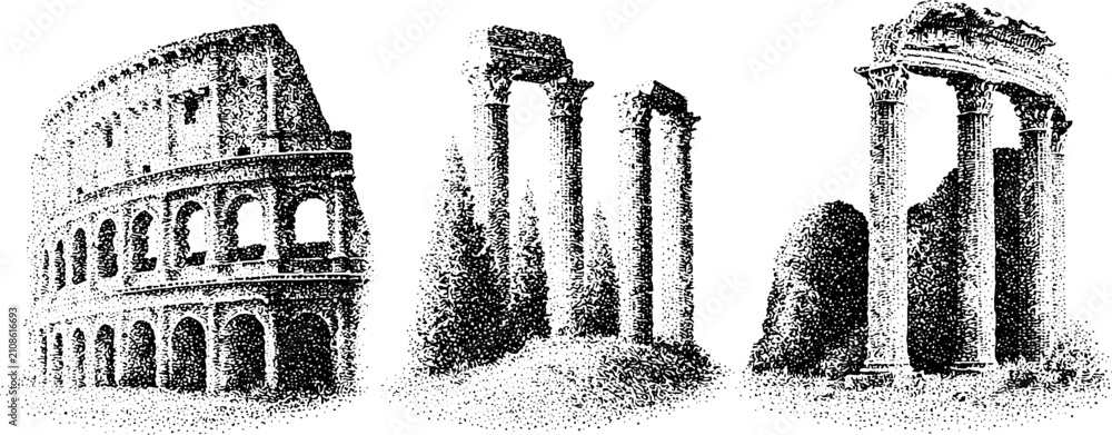 Fototapeta premium Vintage engraved set of ancient amphitheatres colosseum columns and classical ruins for historical background and poster design