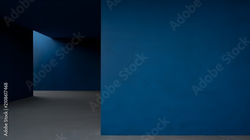 Modern minimalist interior with deep blue wall and dark grey floor, architectural space with sharp shadows and clean lines