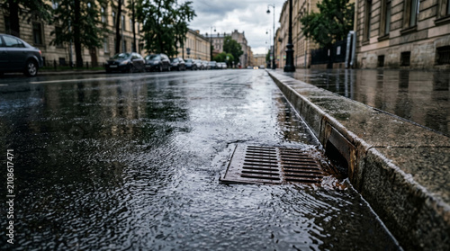 Rain water flowing into a street storm drain. Urban sewage system during a heavy downpour on a city road. Infrastructure for flood prevention and wastewater management in rainy weather.