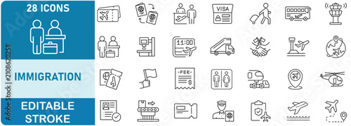 immigration line icon set. Contain icons immigrant, foreign,citizenship, destination country, office, passport, customs, airport,  and more. Vector illustration. Editable stroke