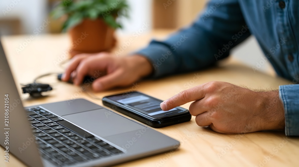 Fototapeta premium Person using smartphone and laptop on wooden desk with potted plant in background focusing on digital interaction