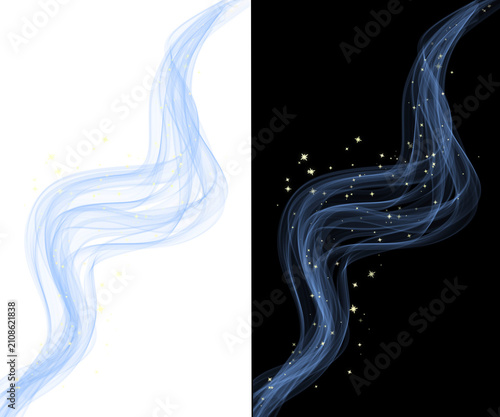 Canvastavla Graceful blue translucent smoke wave trail accompanied by bright golden stars and magic dust on a transparent background, great for festive and luxury overlays