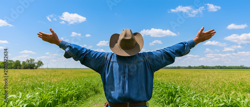 Farmer in Field with Arms Wide Open: A solitary farmer, seen from behind and wearing a cowboy hat and denim shirt, stands in a vibrant green field under a clear blue sky with fluffy clouds.