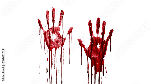 Bloody handprints dripping red paint on white. Spooky Halloween hand silhouettes with realistic blood effect