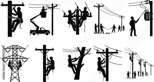 фотографія Electrical Line Worker Silhouettes on Utility Poles and Towers for Industrial Sa
