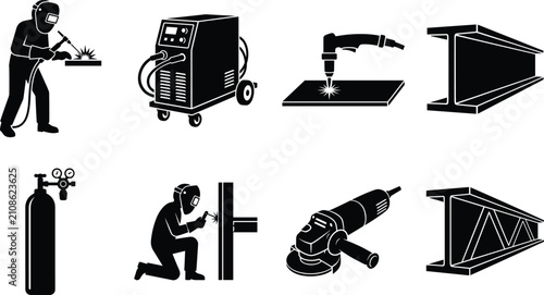 Konstfotografi Set of black and white welding and metal fabrication icons featuring welders too