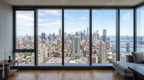 Sunlit residential interior features expansive glass panels showcasing a panoramic view of the iconic New York City skyline under a bright blue sky during a calm day in a high rise apartment