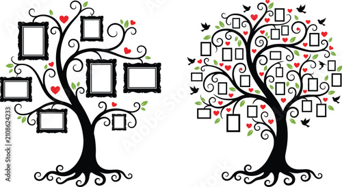 Cuadro en lienzo Set of decorative family tree wall stickers with photo frames hearts and birds f