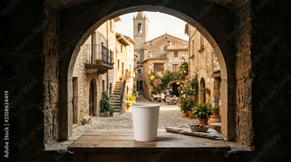 Fototapeta premium Rustic Italian Village Courtyard View Through Archway with Snack Cup on Table