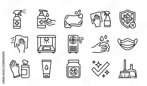 Foto Sanitation and disinfection thin line icon set editable stroke hygiene protectio