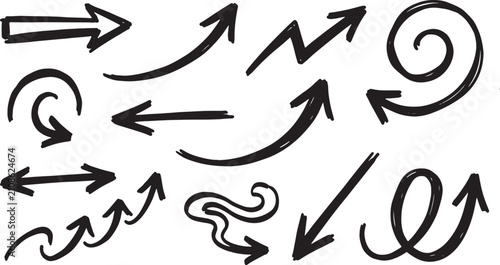 Black ink doodle arrows and squiggles on white background