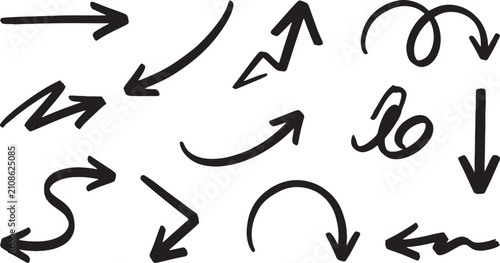 Black ink doodle arrows, lines, and squiggles on white background