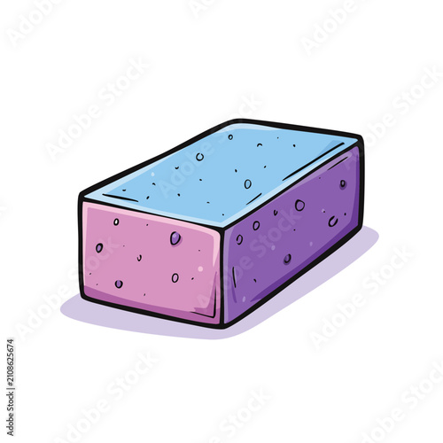 Cartoon illustration of a rectangular pink and blue sponge with a dark outline