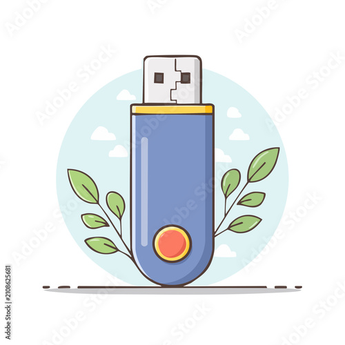 Illustration of a blue USB flash drive with leaves and clouds in the background