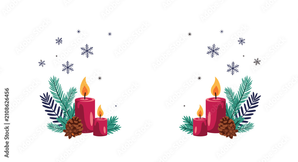 Fototapeta premium Winter holiday template featuring burning red candles decorated with pine branches, pinecones, and elegant blue floating snowflakes.
