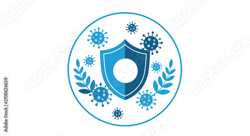 Protective blue medical shield decorated with leaves successfully blocking dangerous viruses and bacteria in an emblem.