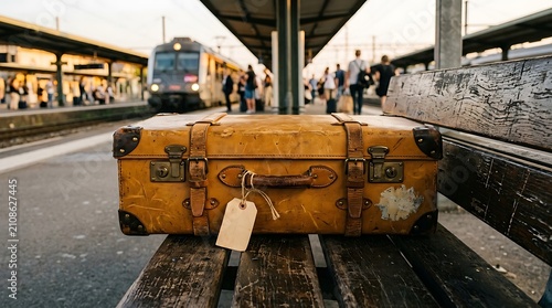 Vintage leather suitcase with luggage tag sitting on wooden bench at train station platform with blurred commuters in background during golden hour
