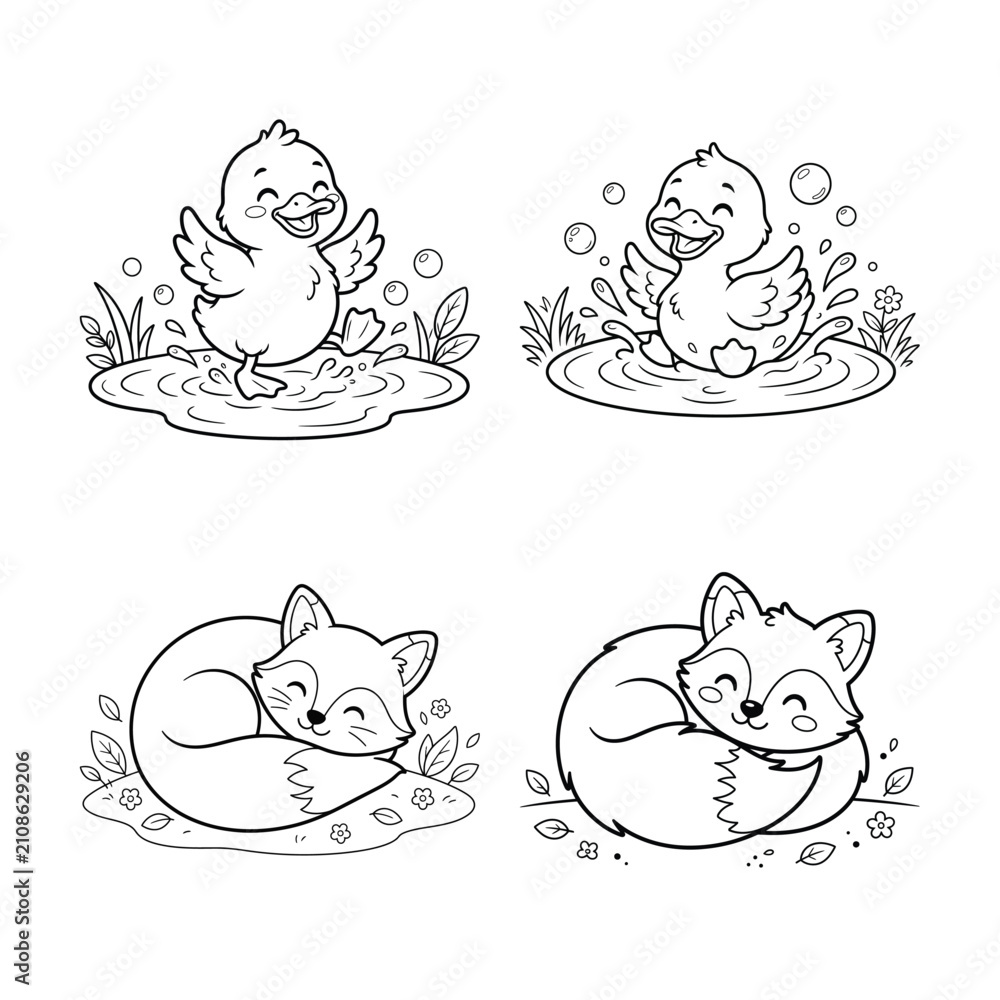 Fototapeta premium Adorable duck and fox color page set black and white illustrations for kids' coloring activities