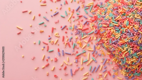 Colorful rainbow sprinkles scattered on a vibrant pink background