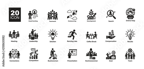 Business people, Head Hunting, Teamwork, Outsourcing, Development, Search, Online Help, Meeting, Leadership, Solution, Running Late icon set. vector illustration