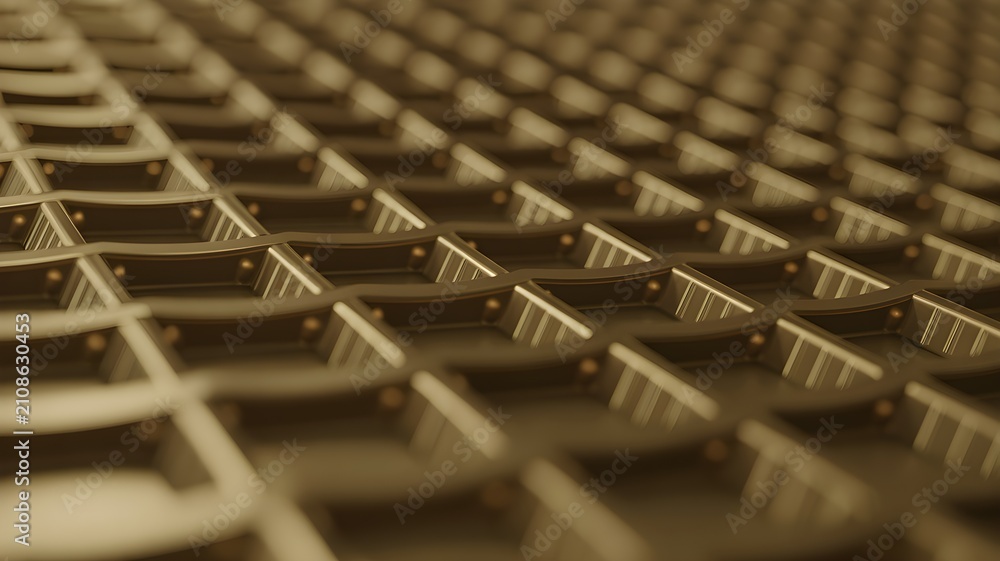 Fototapeta premium Abstract closeup of a metallic grid pattern with golden tones and geometric square structures in a repeating architectural design