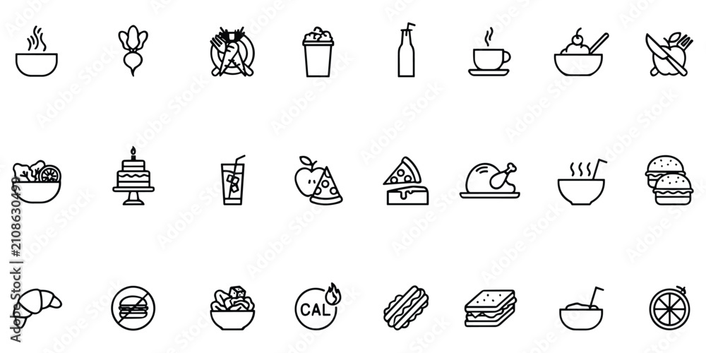 Fototapeta premium Food icon set featuring various healthy and fast meal options in outline style for menu design