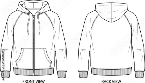 Zip Up Raglan Sleeve Hoodie Technical Vector Flat Sketch Template Front Back View Apparel Illustration Fashion Design Tech Pack Specs Mockup For Clothing