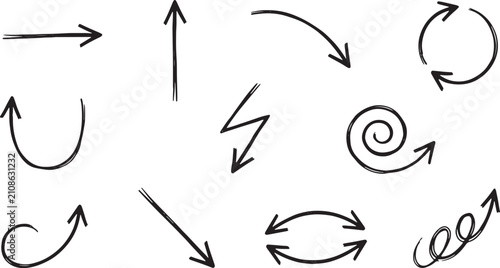 Hand-drawn arrows, circles, and spirals in black ink on white background, squiggle line