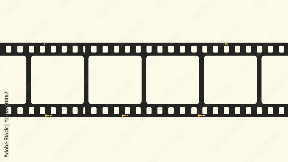 Fototapeta premium Classic blank black thirty-five millimeter photographic film strip with empty frames isolated on a soft cream background.