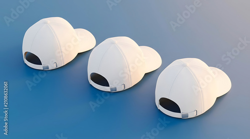 Three White Baseball Caps Arranged in a Row on a Smooth Blue Surface Displaying Their Backs With Adjustable Straps and Ventilation Holes