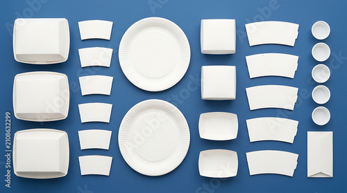 Top Down View of Disposable White Paper Food Containers Plates and Cup Sleeves Arranged Neatly on a Blue Background