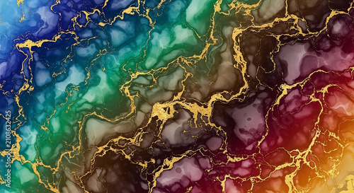 Abstract Rainbow Liquid Gradient with Gold Veins - Fluid Marble Texture Background