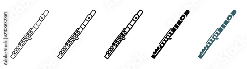 Collection of flute icons on white background, representing musical instrument, sound, and melody