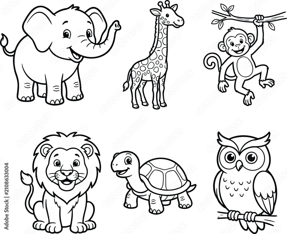 Fototapeta premium Cute wild animals coloring page vector icon set containing elephant giraffe monkey lion turtle and owl outline illustrations.