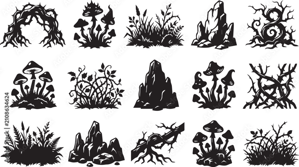 Fototapeta premium Dark fantasy forest elements silhouette vector pack, spooky nature and mushroom graphic assets