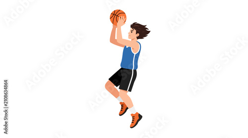 Young male basketball player in mid air shooting a basketball wearing blue jersey and black shorts
