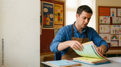 Male teacher organizing colorful student worksheets and lesson materials in a classroom for lesson planning and classroom preparation
