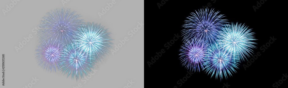 Fototapeta premium Icy blue and purple fireworks bursting isolated on transparent background, cool-toned teal starburst celebration explosion, festive glowing night effect PNG