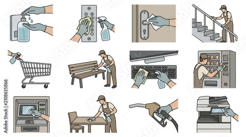 High touch public surface sanitization and hygiene icons.