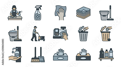 Housekeeping and general building facility cleaning icons.
